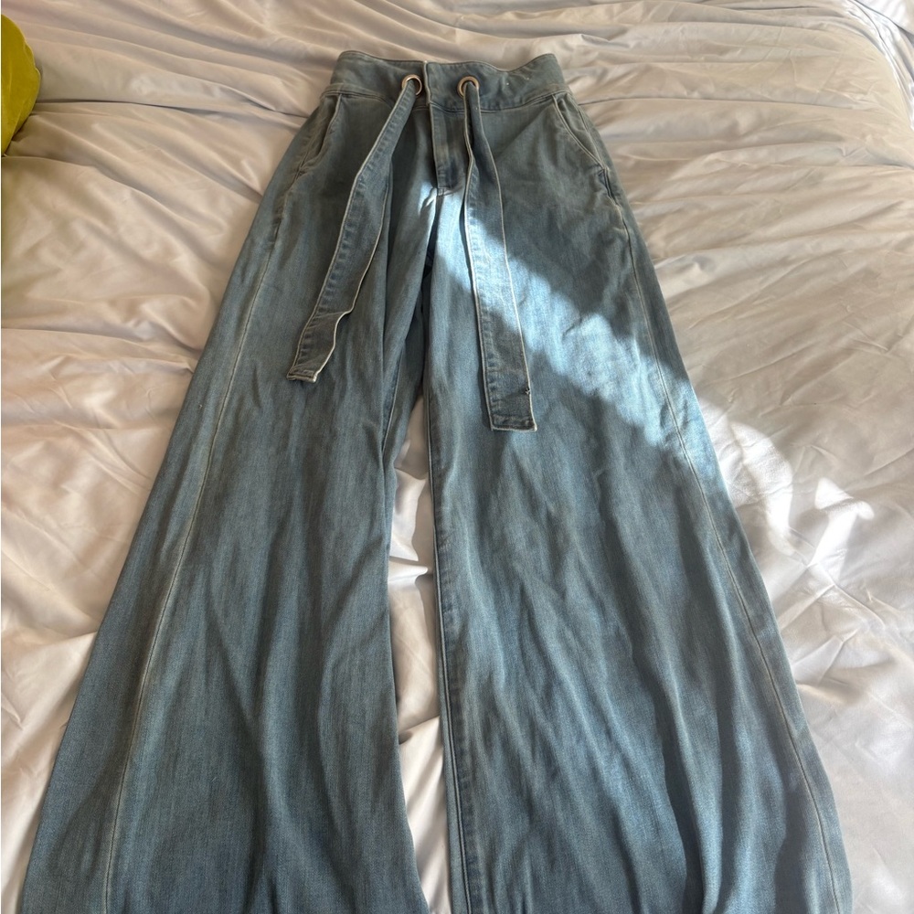 Express Light Blue Denim Pants with Tie Detail